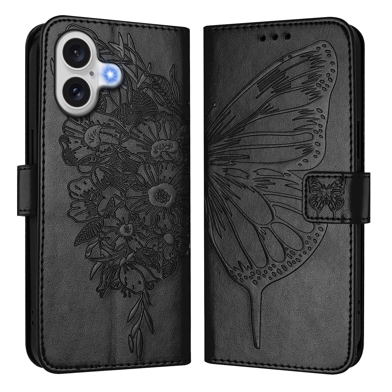 For iPhone 17 Wallet Case with Wrist Strap Butterfly Imprint Leather Phone Cover - Black
