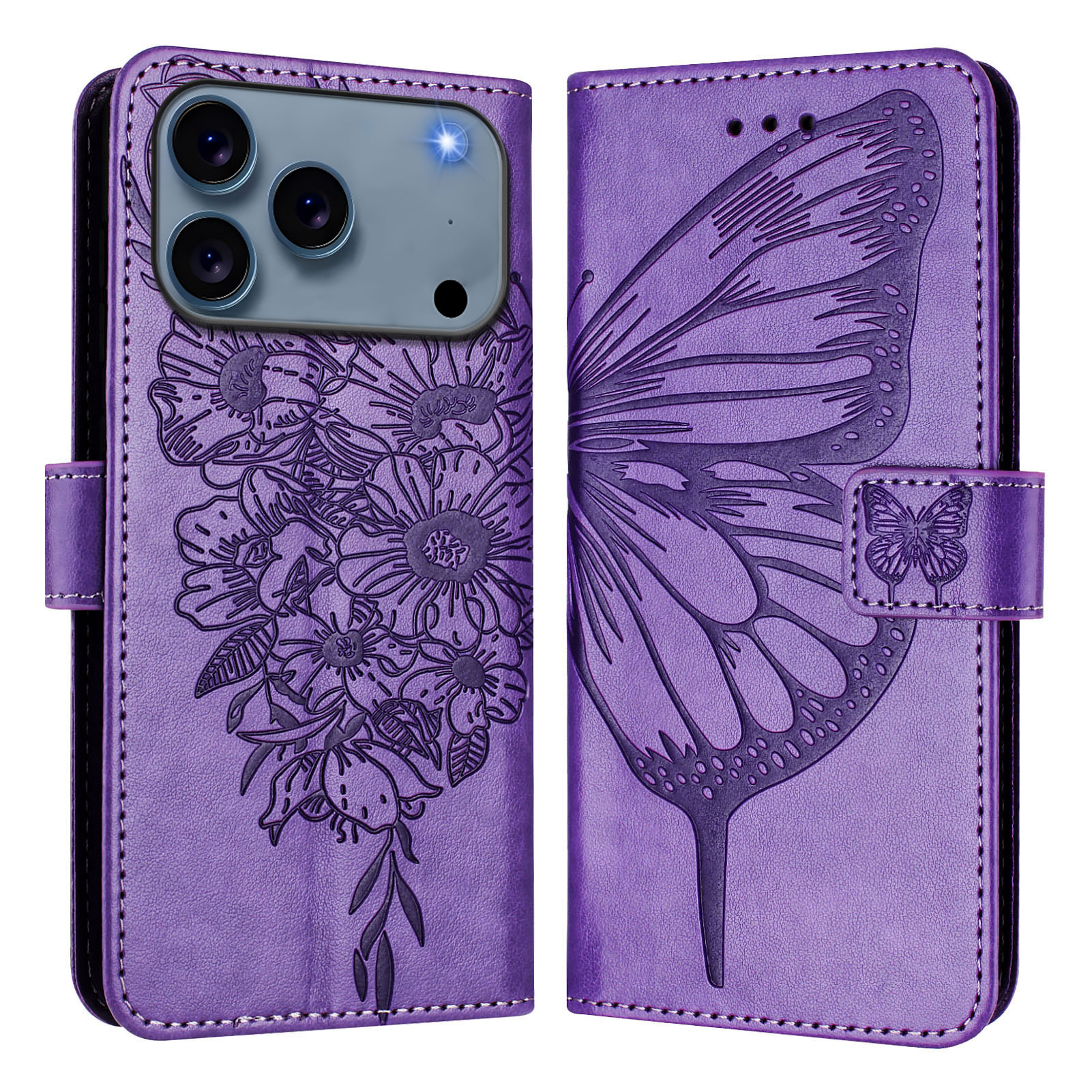For iPhone 17 Pro Wallet Case with Wrist Strap Butterfly Imprint Leather Phone Cover - Purple