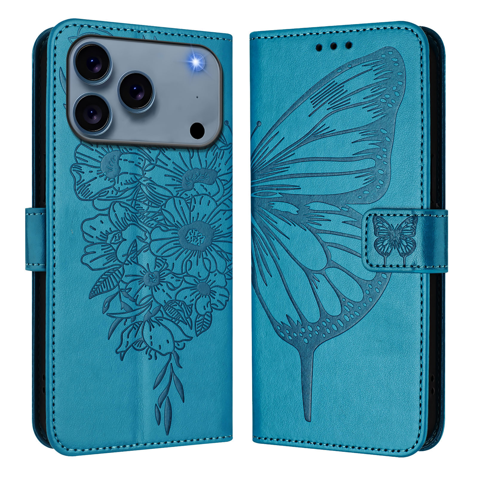 For iPhone 17 Pro Wallet Case with Wrist Strap Butterfly Imprint Leather Phone Cover - Blue
