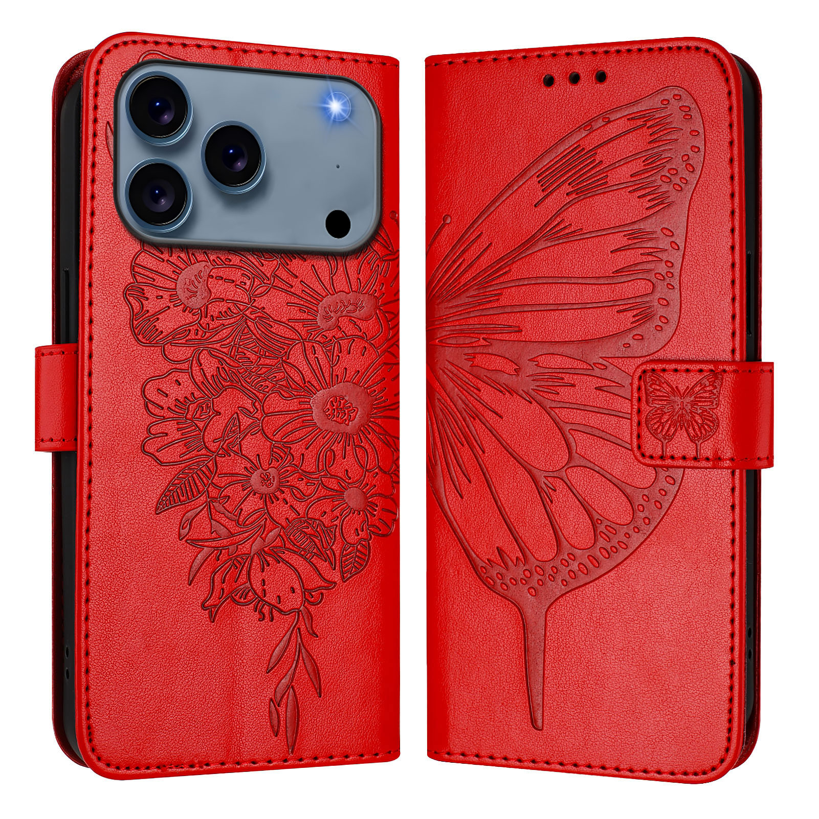 For iPhone 17 Pro Wallet Case with Wrist Strap Butterfly Imprint Leather Phone Cover - Red