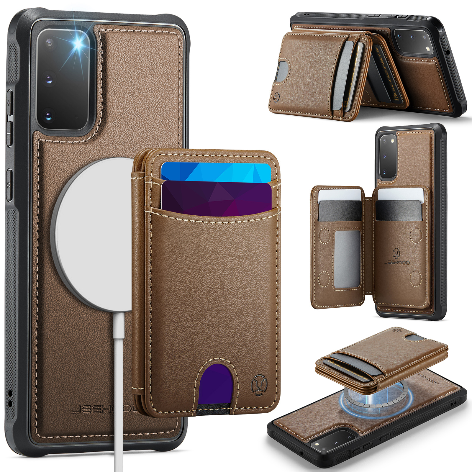 JEEHOOD For Samsung Galaxy S20 5G / Galaxy S20 4G Case J10 Magnetic Case Leather Back Phone Cover with Detachable Card Holder Kickstand - Brown