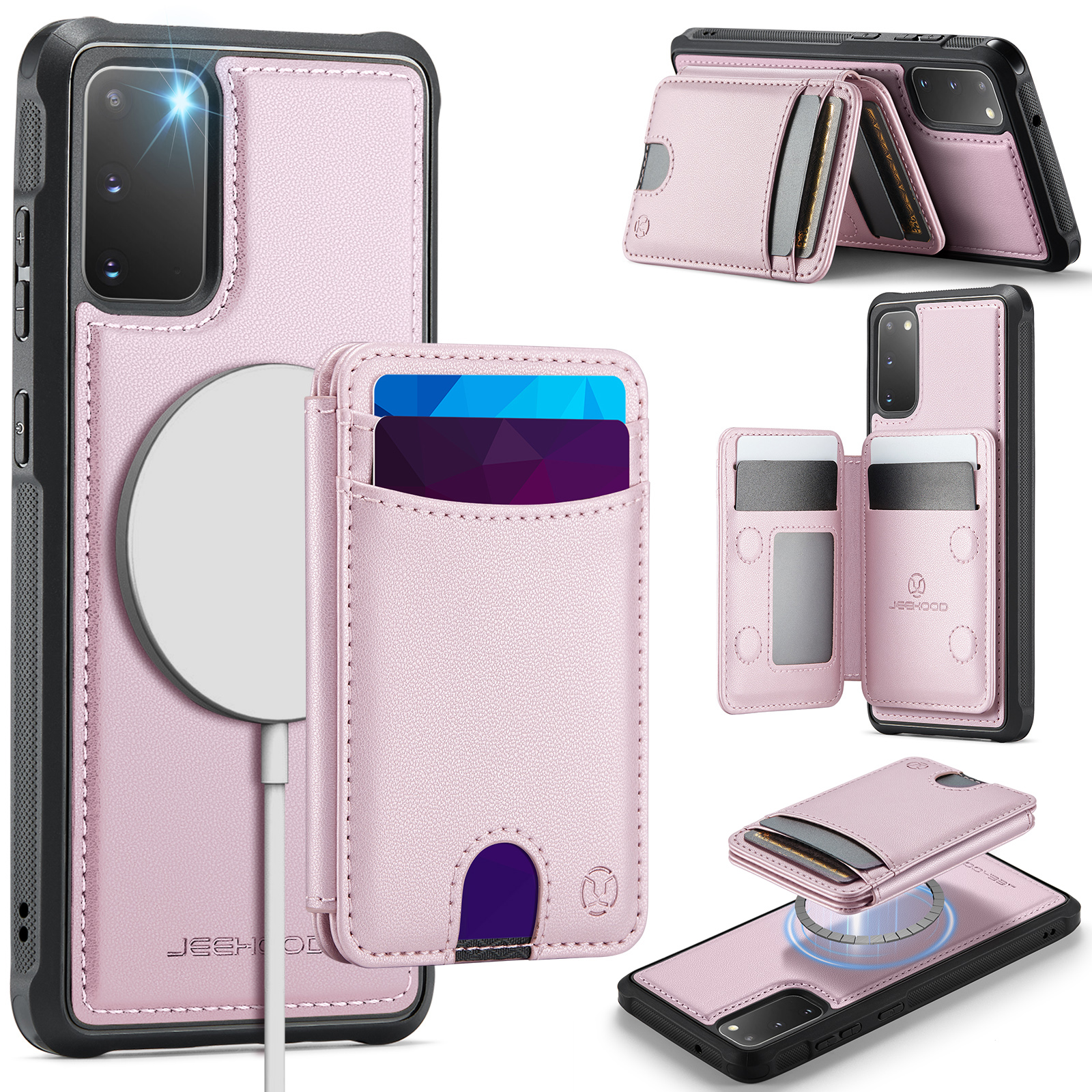JEEHOOD For Samsung Galaxy S20 5G / Galaxy S20 4G Case J10 Magnetic Case Leather Back Phone Cover with Detachable Card Holder Kickstand - Pink