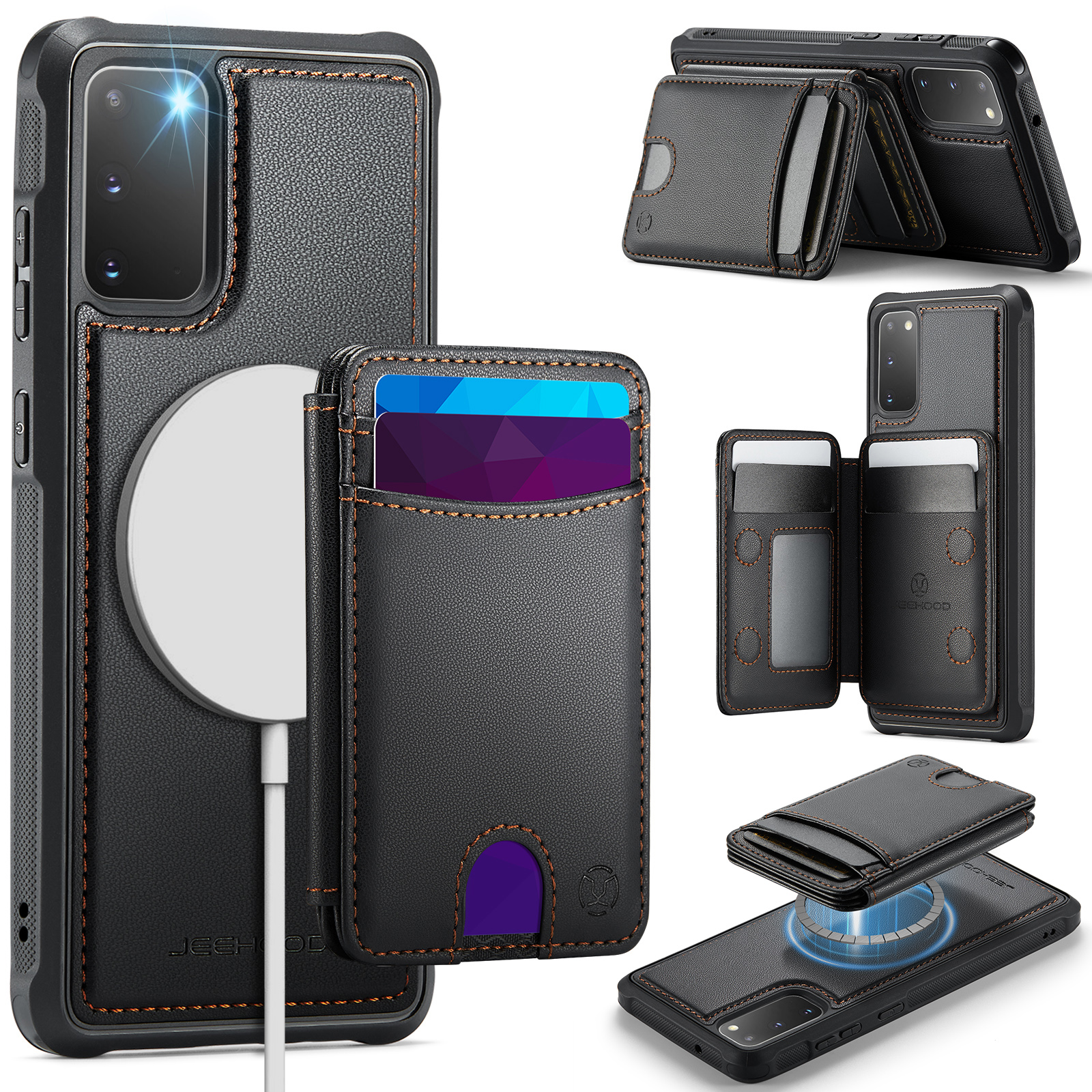 JEEHOOD For Samsung Galaxy S20 5G / Galaxy S20 4G Case J10 Magnetic Case Leather Back Phone Cover with Detachable Card Holder Kickstand - Black