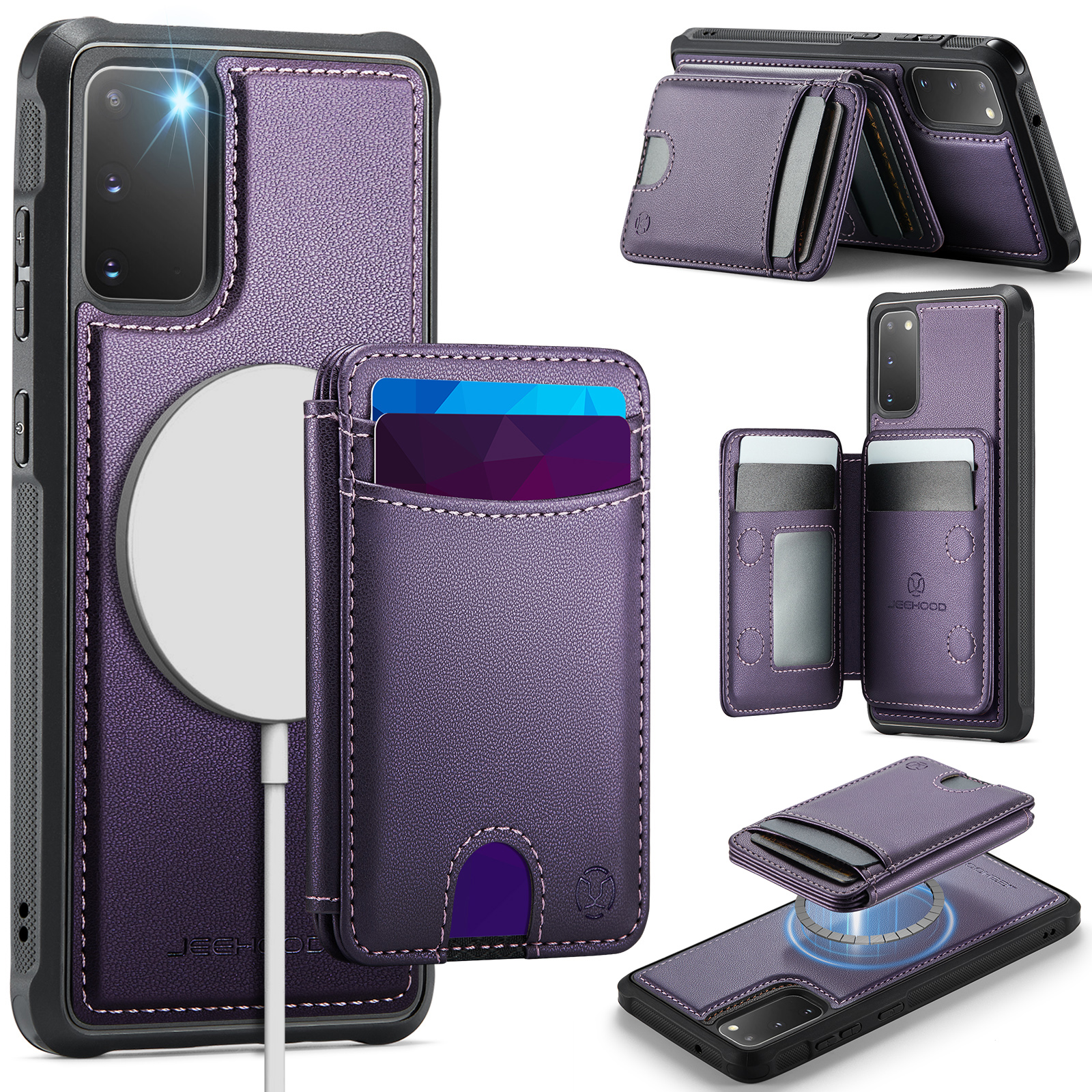 JEEHOOD For Samsung Galaxy S20 5G / Galaxy S20 4G Case J10 Magnetic Case Leather Back Phone Cover with Detachable Card Holder Kickstand - Purple