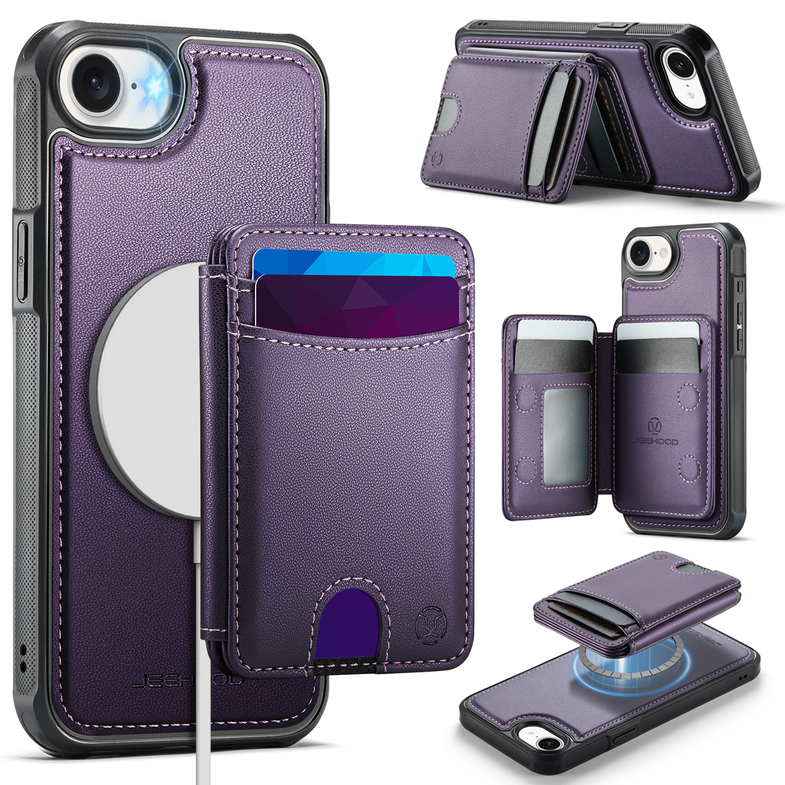 For iPhone 16e Case JEEHOOD J10  Compatible with MagSafe Leather Back Phone Cover with Detachable Card Holder Kickstand - Purple