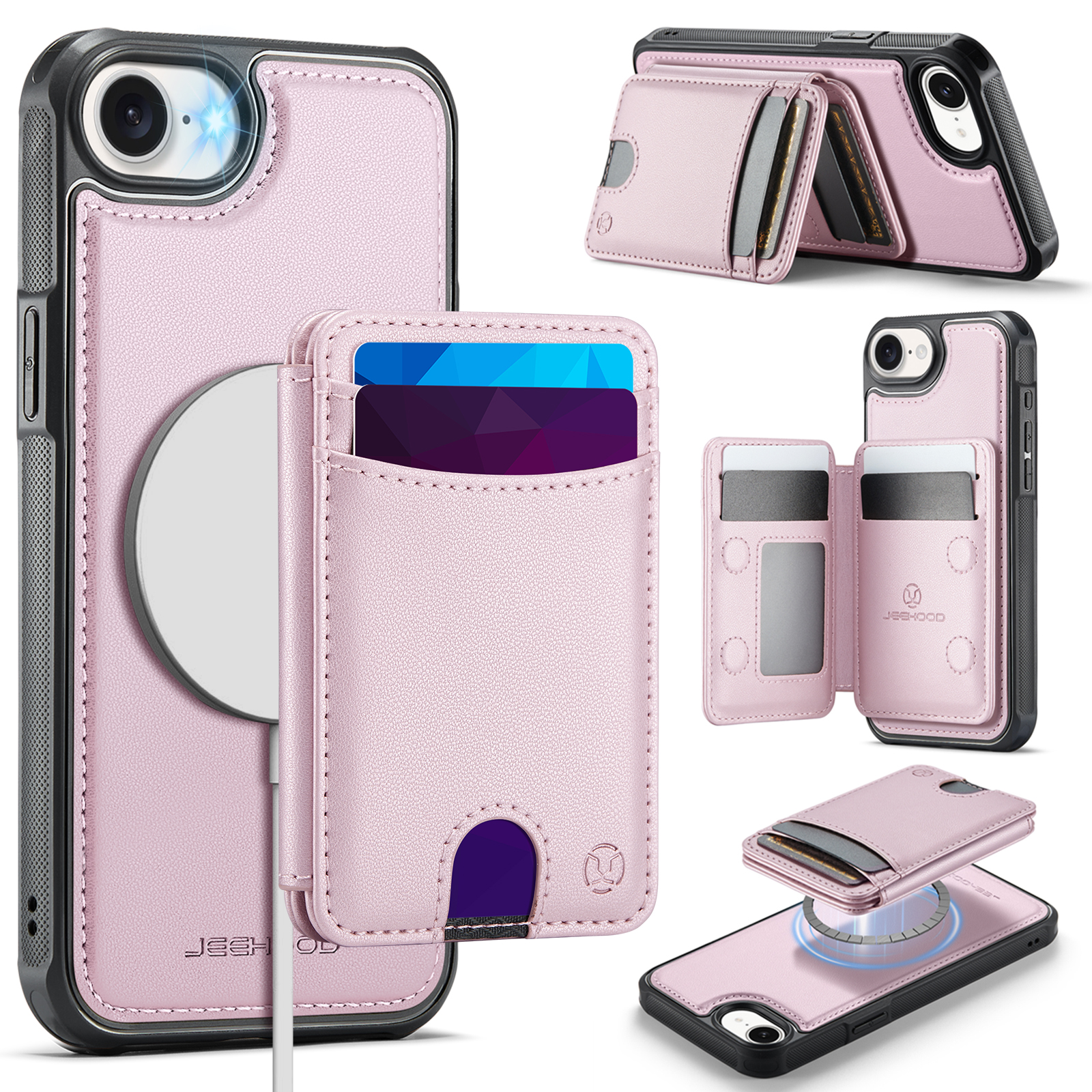 For iPhone 16e Case JEEHOOD J10  Compatible with MagSafe Leather Back Phone Cover with Detachable Card Holder Kickstand - Pink