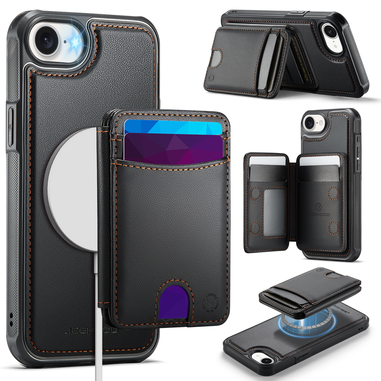 For iPhone 16e Case JEEHOOD J10  Compatible with MagSafe Leather Back Phone Cover with Detachable Card Holder Kickstand - Black