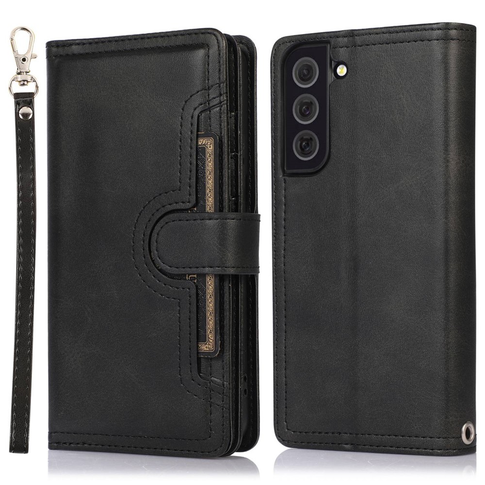 For Samsung Galaxy S23 Split Leather Magnetic Flip Protective Case Stand Multiple Card Slots Wallet Phone Cover with Hand Strap - Black-1