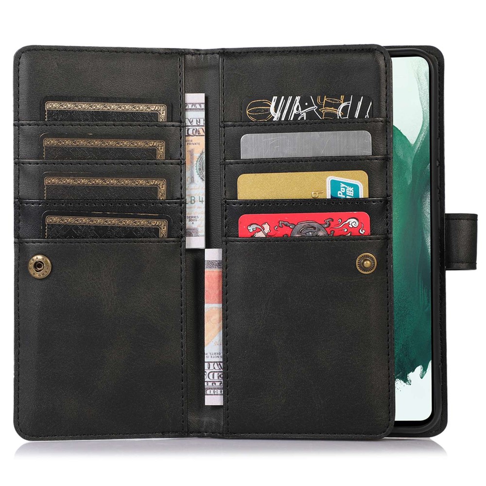 For Samsung Galaxy S23 Split Leather Magnetic Flip Protective Case Stand Multiple Card Slots Wallet Phone Cover with Hand Strap - Black-2