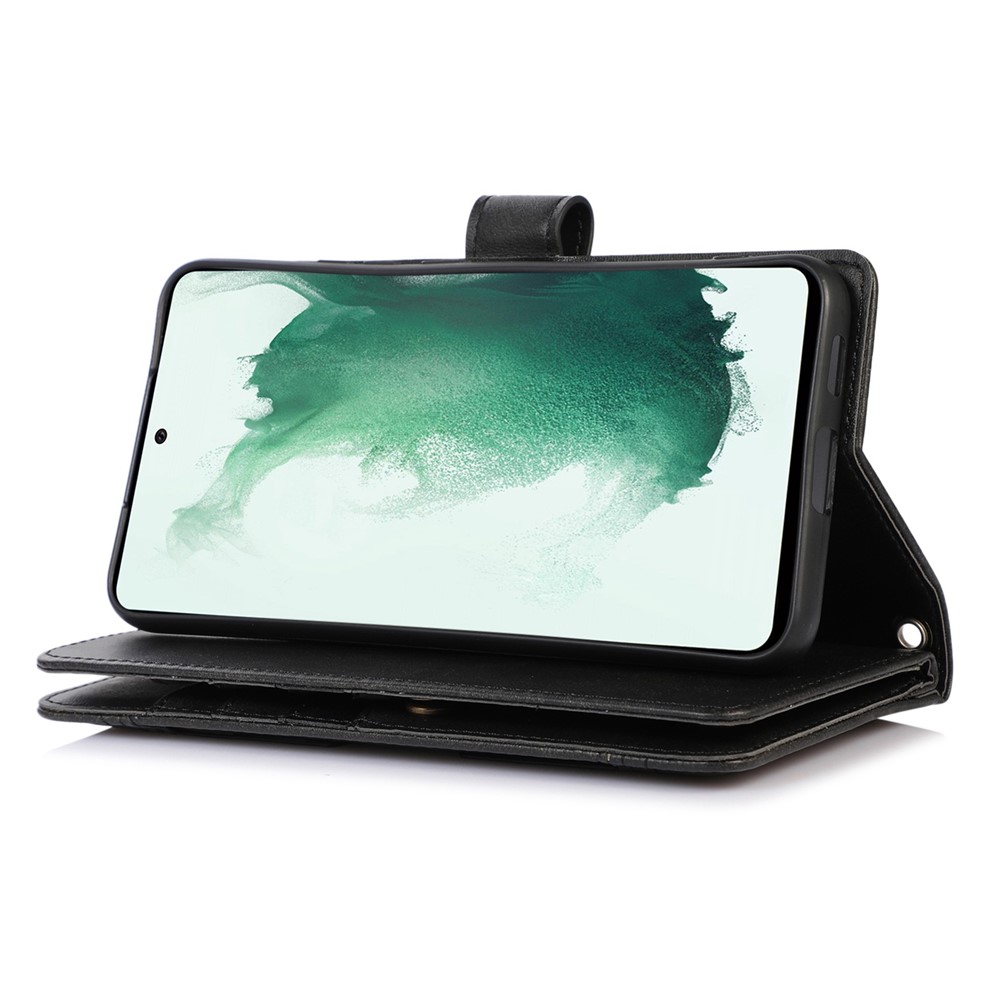 For Samsung Galaxy S23 Split Leather Magnetic Flip Protective Case Stand Multiple Card Slots Wallet Phone Cover with Hand Strap - Black-3