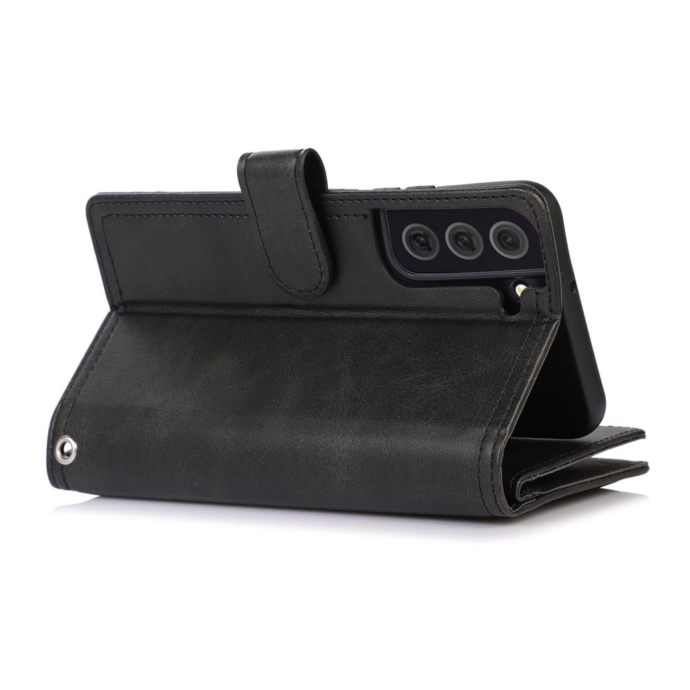 For Samsung Galaxy S23 Split Leather Magnetic Flip Protective Case Stand Multiple Card Slots Wallet Phone Cover with Hand Strap - Black-4