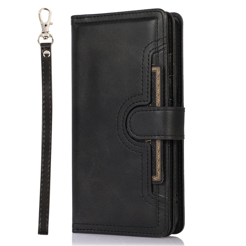 For Samsung Galaxy S23 Split Leather Magnetic Flip Protective Case Stand Multiple Card Slots Wallet Phone Cover with Hand Strap - Black-6