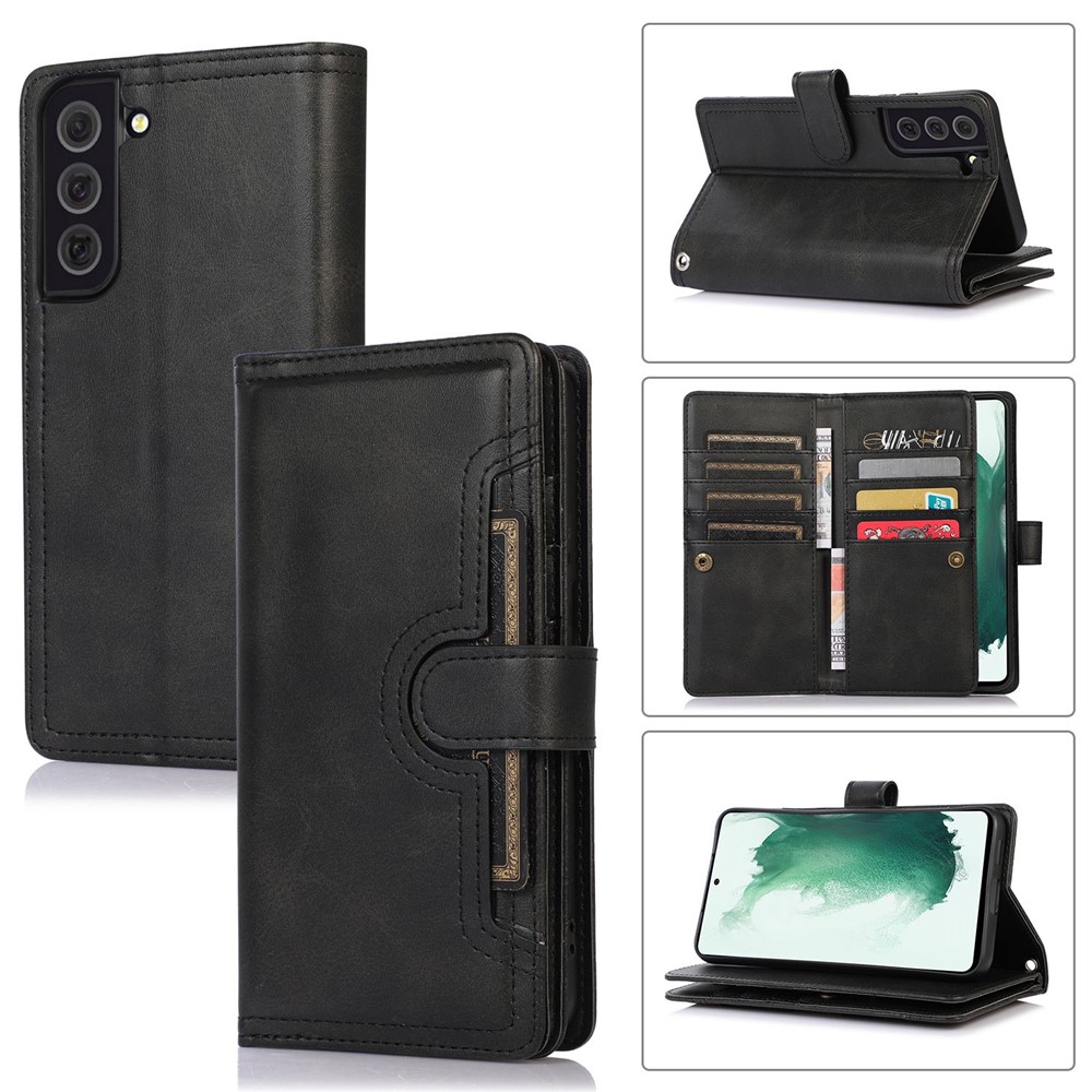 For Samsung Galaxy S23 Plus Split Leather Flip Wallet Case Stand Multiple Card Slots Magnetic Protect Phone Cover with Hand Strap - Black-8