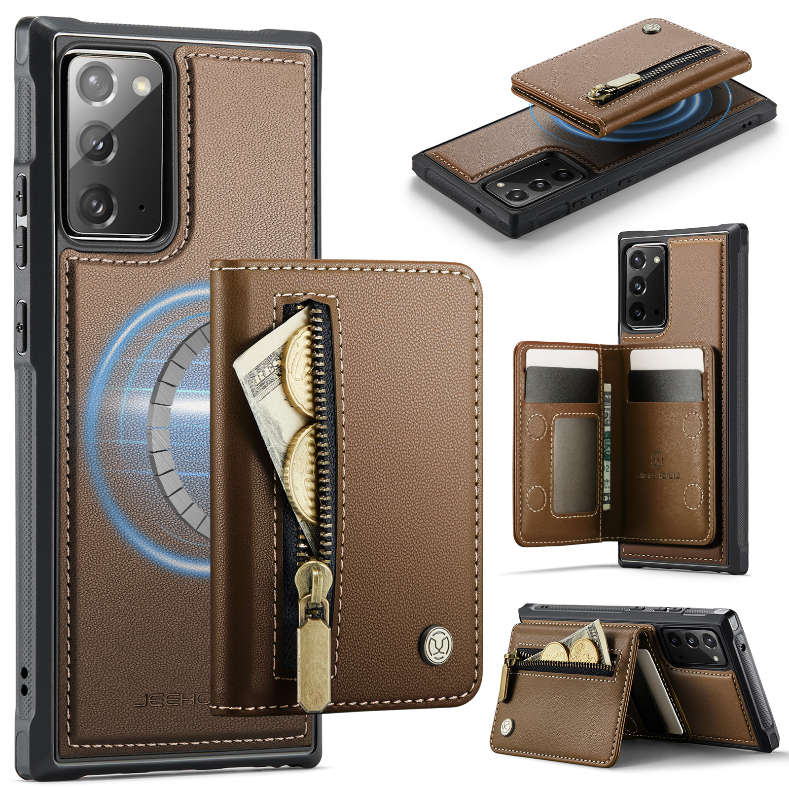 JEEHOOD For Samsung Galaxy Note20 Case  J12 Magnetic Detachable Zipper Wallet Kickstand Leather Back Cover Magnetic Case - Brown