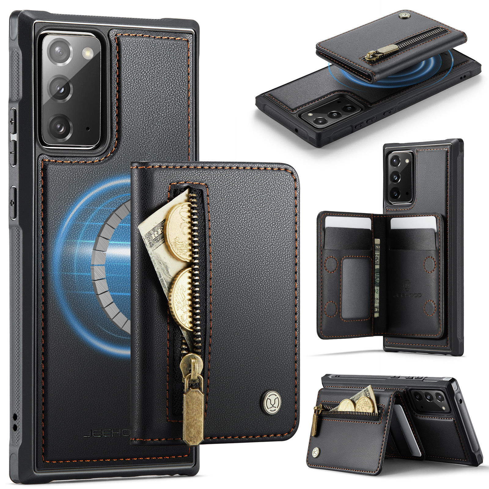 JEEHOOD For Samsung Galaxy Note20 Case  J12 Magnetic Detachable Zipper Wallet Kickstand Leather Back Cover Magnetic Case - Black