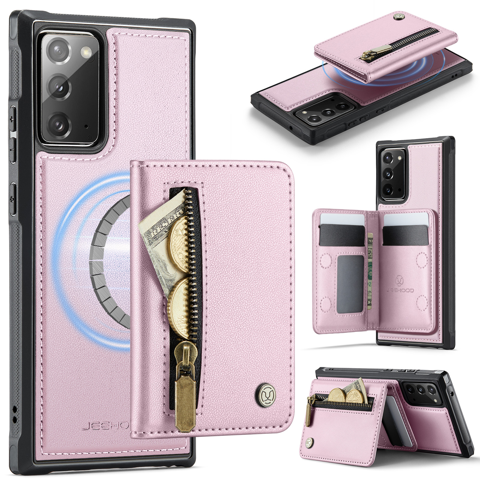 JEEHOOD For Samsung Galaxy Note20 Case  J12 Magnetic Detachable Zipper Wallet Kickstand Leather Back Cover Magnetic Case - Pink
