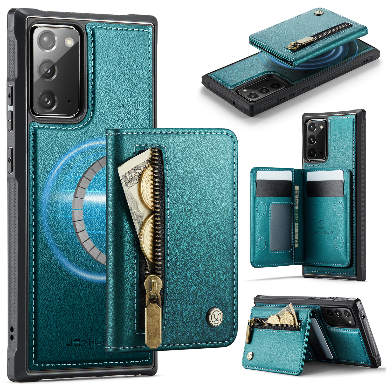 JEEHOOD For Samsung Galaxy Note20 Case J12 Magnetic Detachable Zipper Wallet Kickstand Leather Back Cover Magnetic Case - Blue