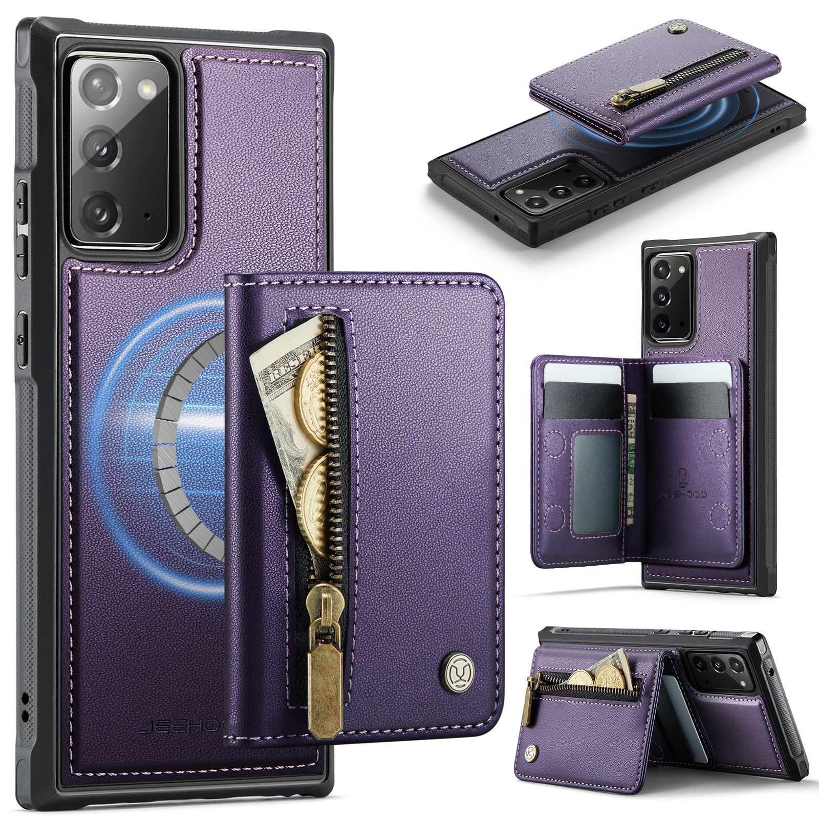 JEEHOOD For Samsung Galaxy Note20 Case J12 Magnetic Detachable Zipper Wallet Kickstand Leather Back Cover Magnetic Case - Purple