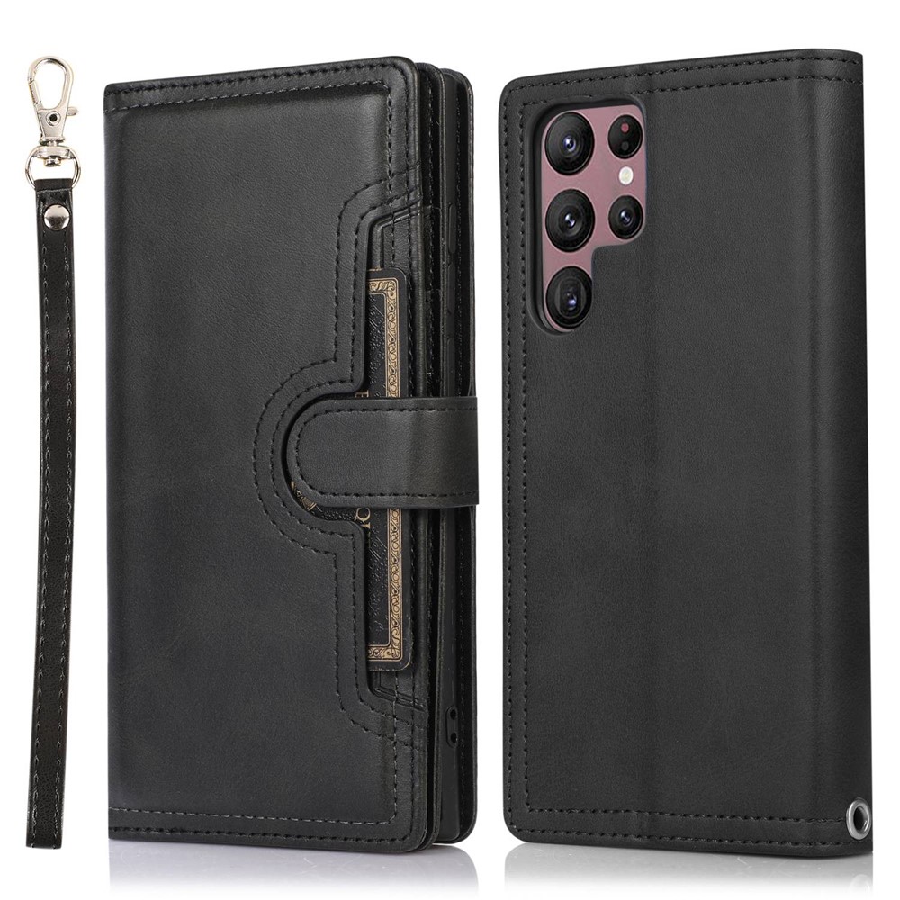 For Samsung Galaxy S23 Ultra Split Leather Multiple Card Slots Phone Case Stand Feature Wallet Flip Magnetic Cover with Hand Strap - Black-1