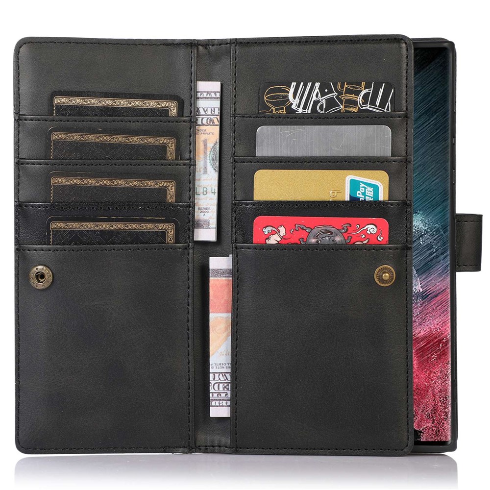For Samsung Galaxy S23 Ultra Split Leather Multiple Card Slots Phone Case Stand Feature Wallet Flip Magnetic Cover with Hand Strap - Black-2