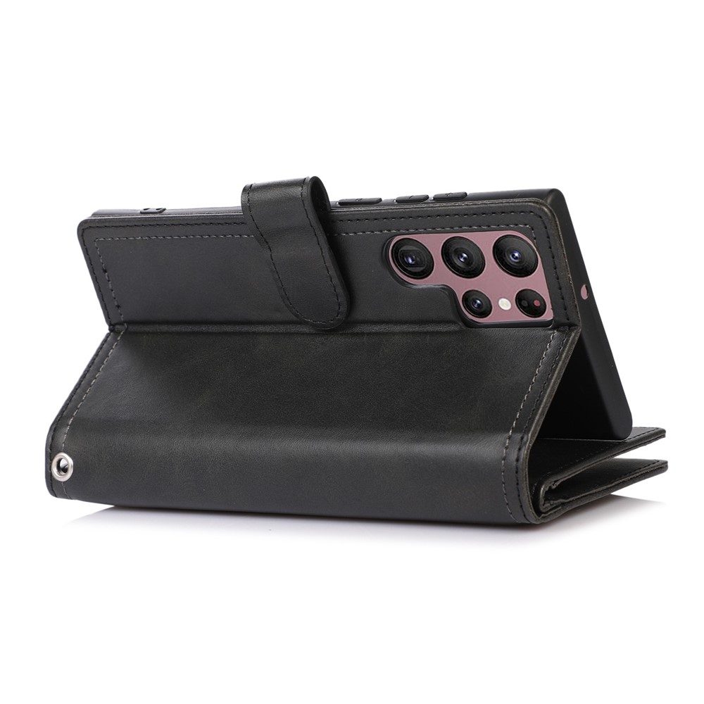For Samsung Galaxy S23 Ultra Split Leather Multiple Card Slots Phone Case Stand Feature Wallet Flip Magnetic Cover with Hand Strap - Black-4
