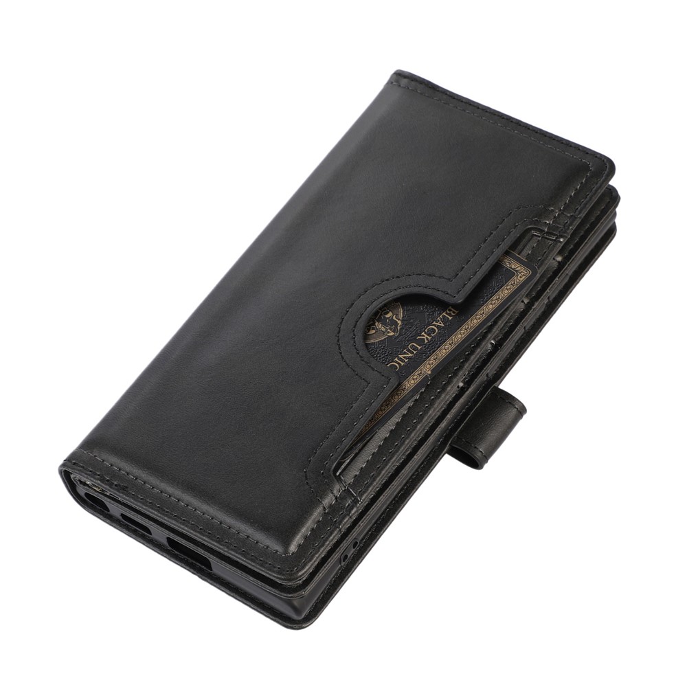 For Samsung Galaxy S23 Ultra Split Leather Multiple Card Slots Phone Case Stand Feature Wallet Flip Magnetic Cover with Hand Strap - Black-5