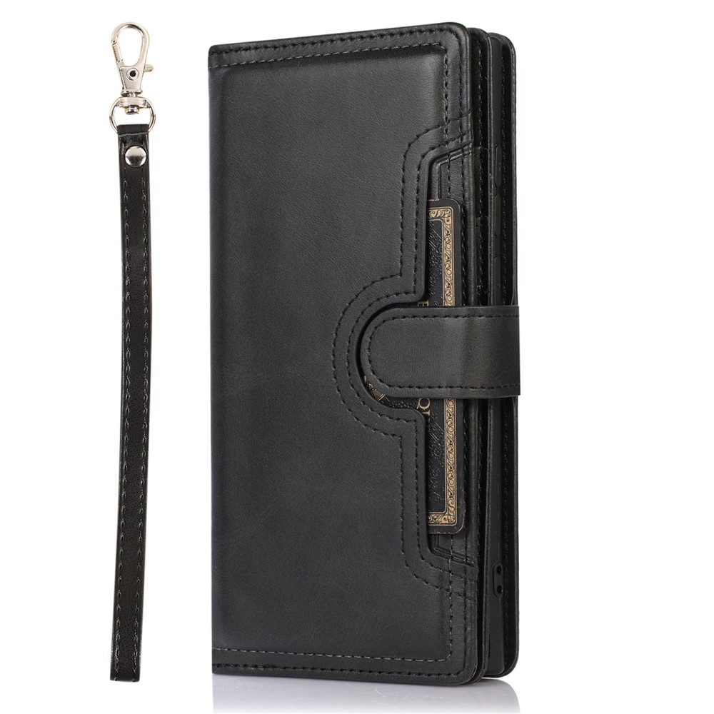 For Samsung Galaxy S23 Ultra Split Leather Multiple Card Slots Phone Case Stand Feature Wallet Flip Magnetic Cover with Hand Strap - Black-6
