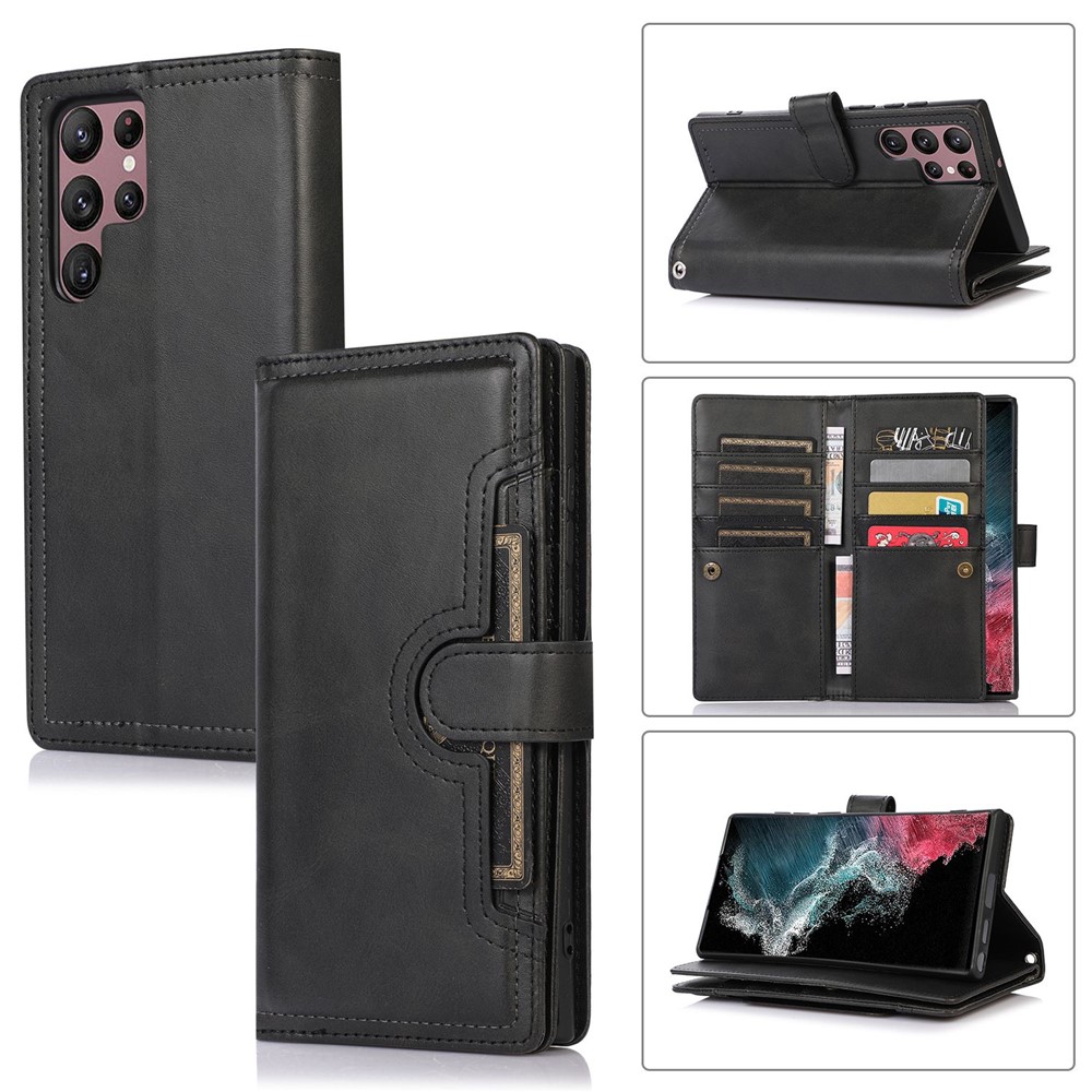 For Samsung Galaxy S23 Ultra Split Leather Multiple Card Slots Phone Case Stand Feature Wallet Flip Magnetic Cover with Hand Strap - Black-8