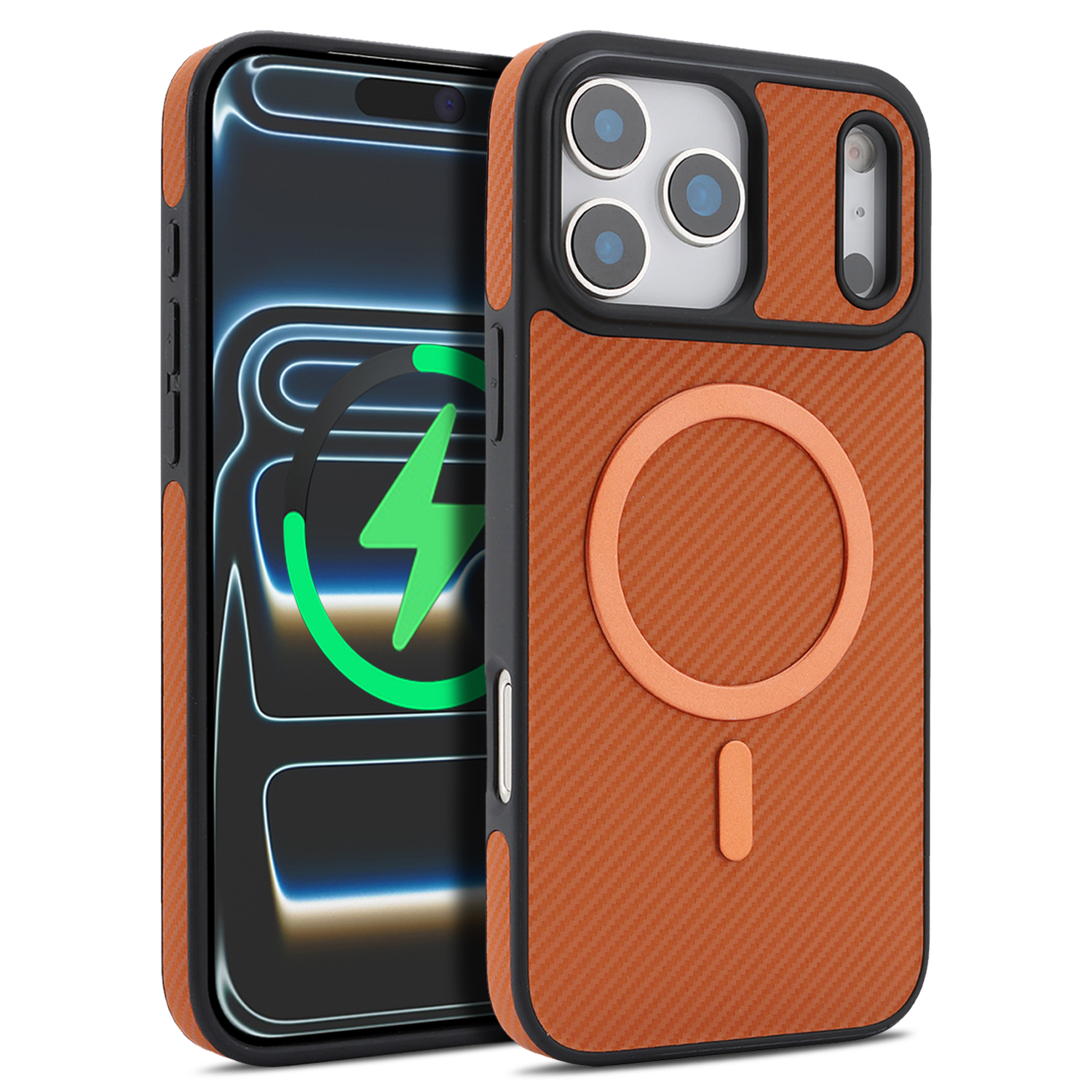 For iPhone 17 Pro Max Case Carbon Fiber Texture PU Leather Coated TPU Cover Compatible with MagSafe - Brown