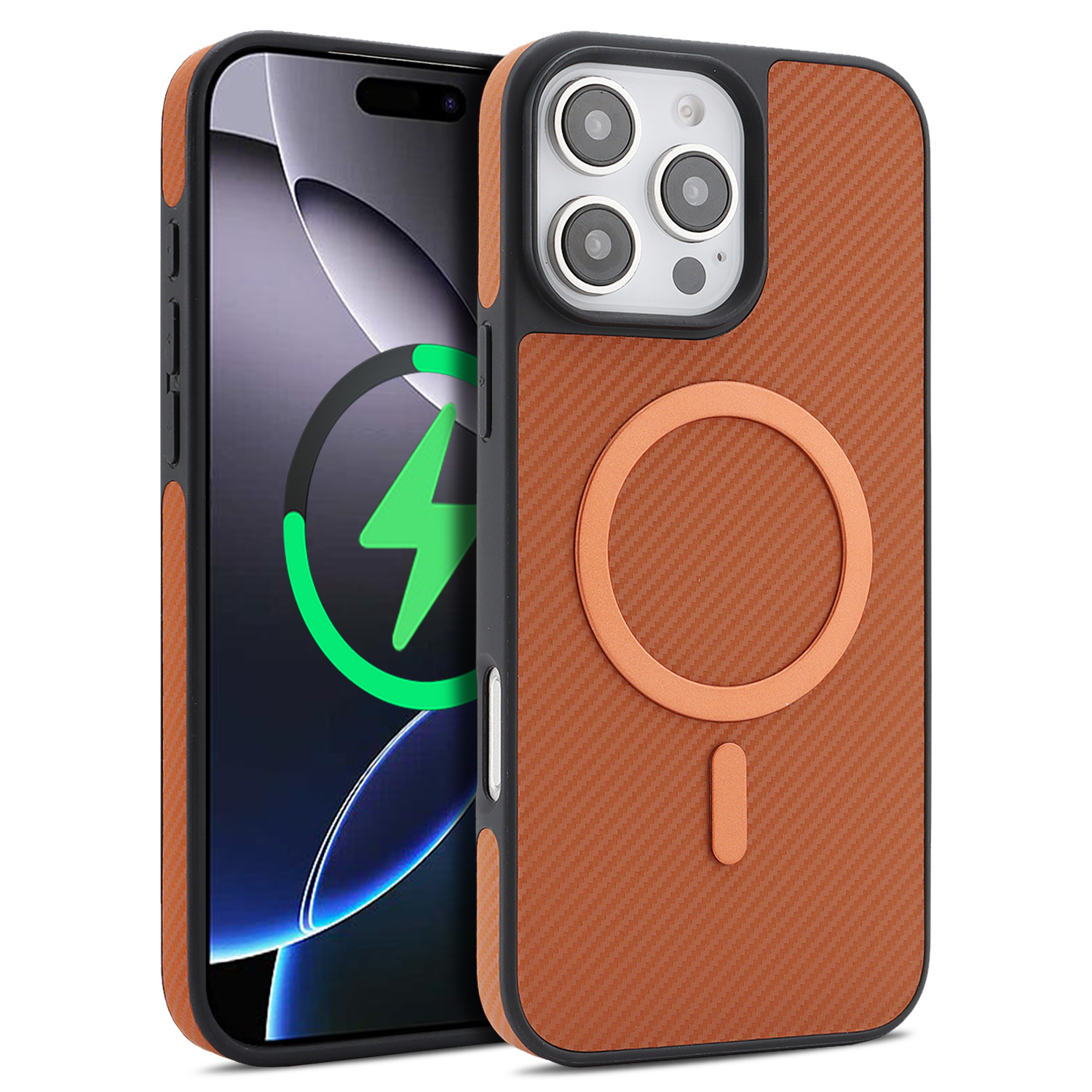 For iPhone 16 Pro Case Carbon Fiber Texture PU Leather Coated TPU Cover Compatible with MagSafe - Brown