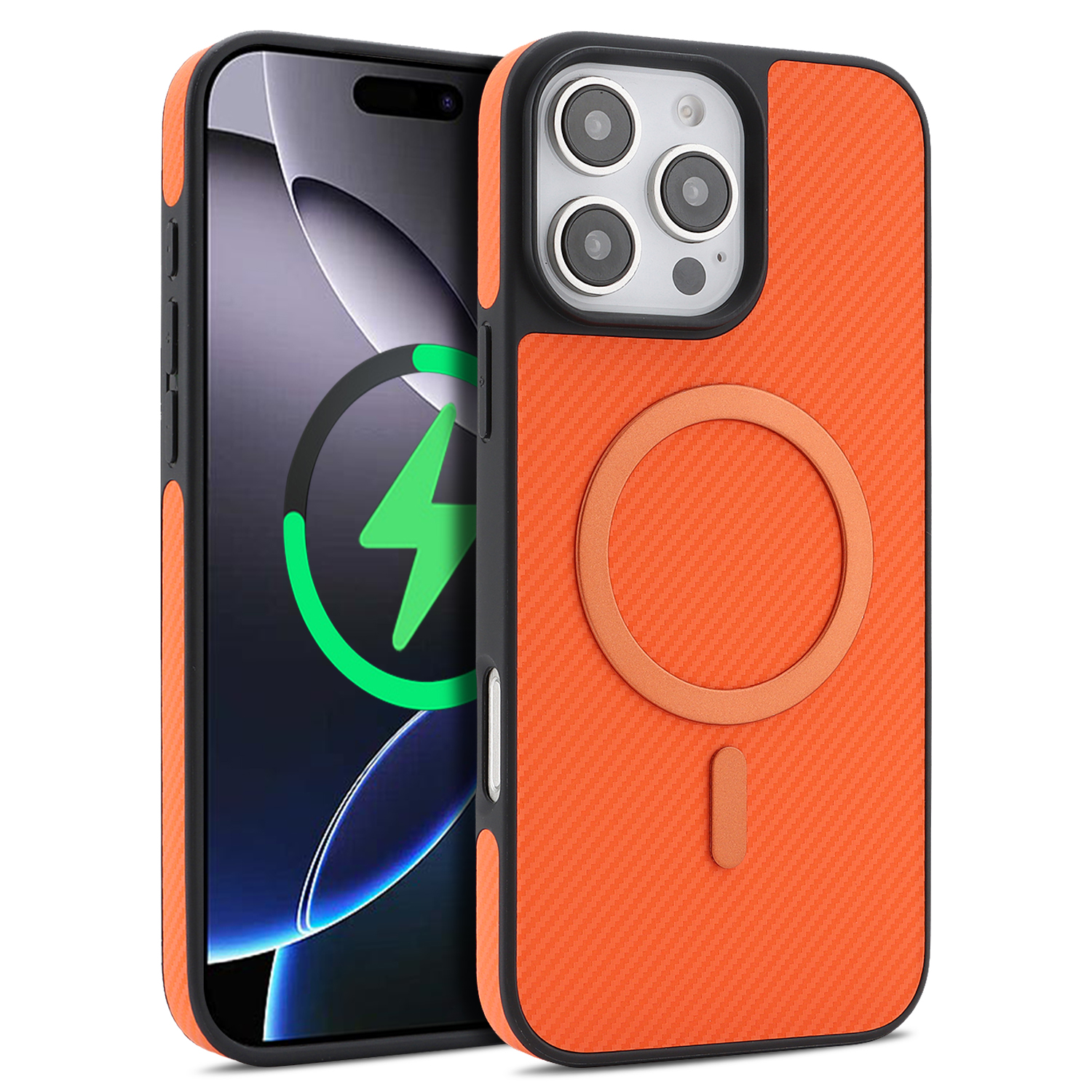 For iPhone 16 Pro Case Carbon Fiber Texture PU Leather Coated TPU Cover Compatible with MagSafe - Orange