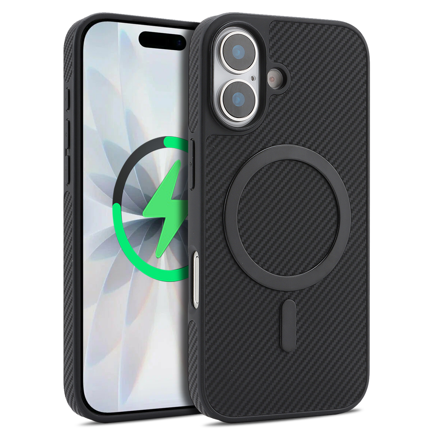 For iPhone 16 Plus Case Carbon Fiber Texture PU Leather Coated TPU Cover Compatible with MagSafe - Black