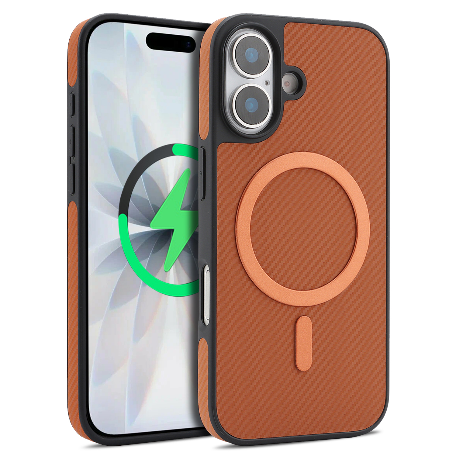 For iPhone 16 Plus Case Carbon Fiber Texture PU Leather Coated TPU Cover Compatible with MagSafe - Brown