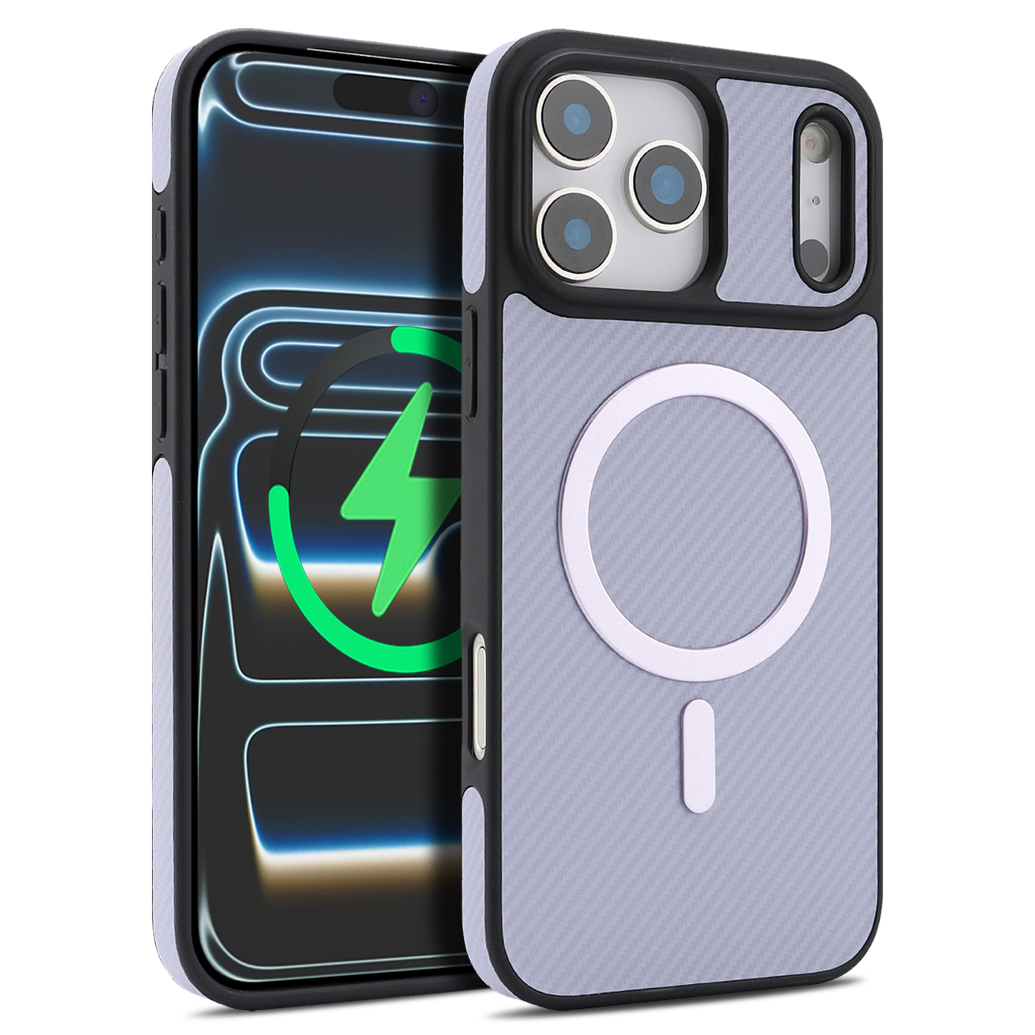 For iPhone 17 Pro Case Carbon Fiber Texture PU Leather Coated TPU Cover Compatible with MagSafe - Purple