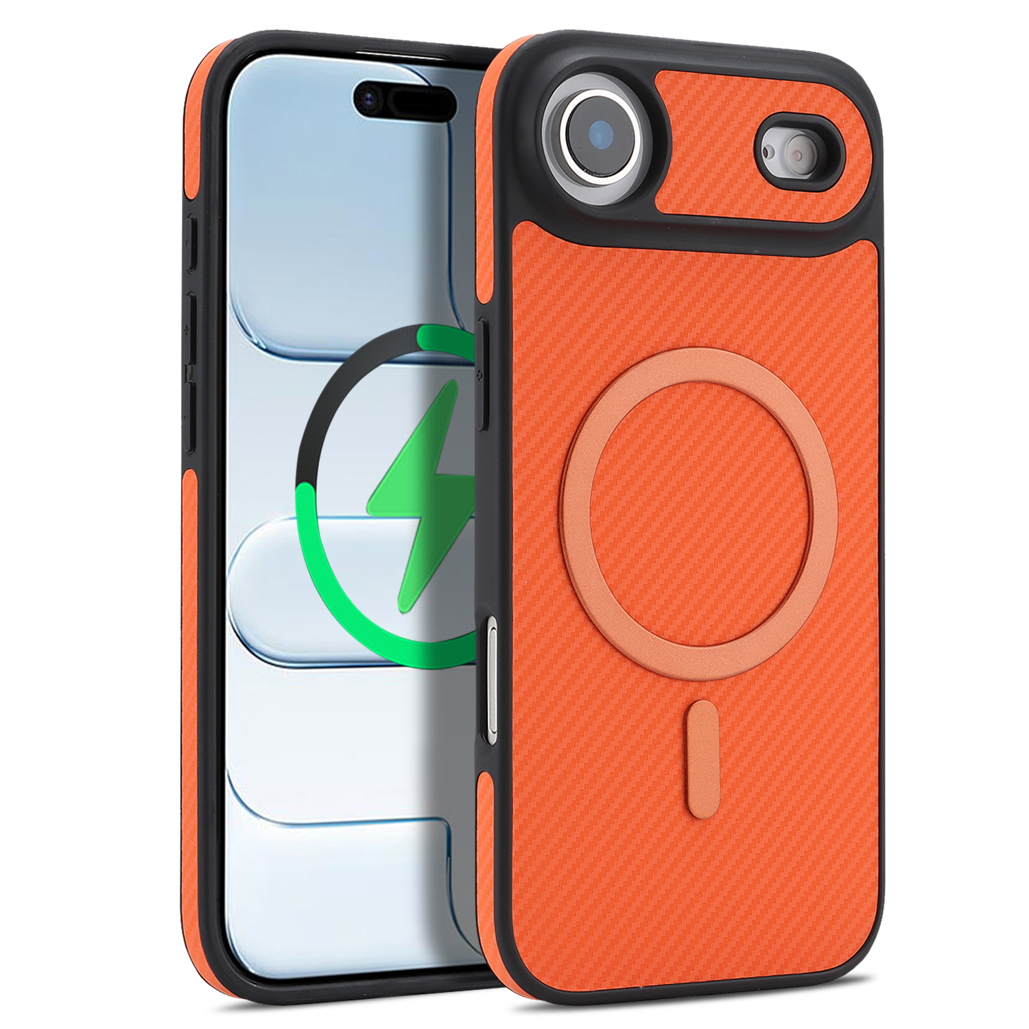 For iPhone Air Case Carbon Fiber Texture PU Leather Coated TPU Cover Compatible with MagSafe - Orange