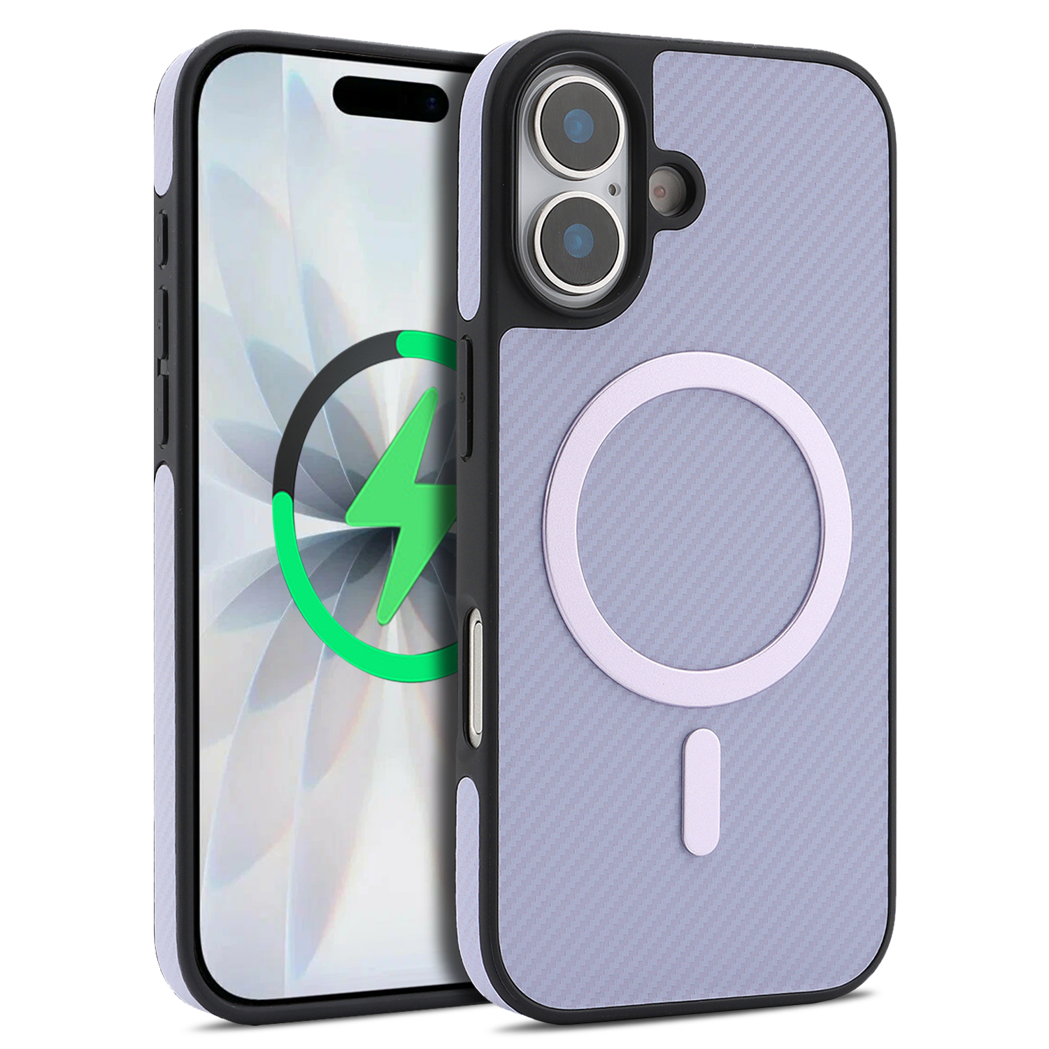 For iPhone 16 Case Carbon Fiber Texture PU Leather Coated TPU Cover Compatible with MagSafe - Purple