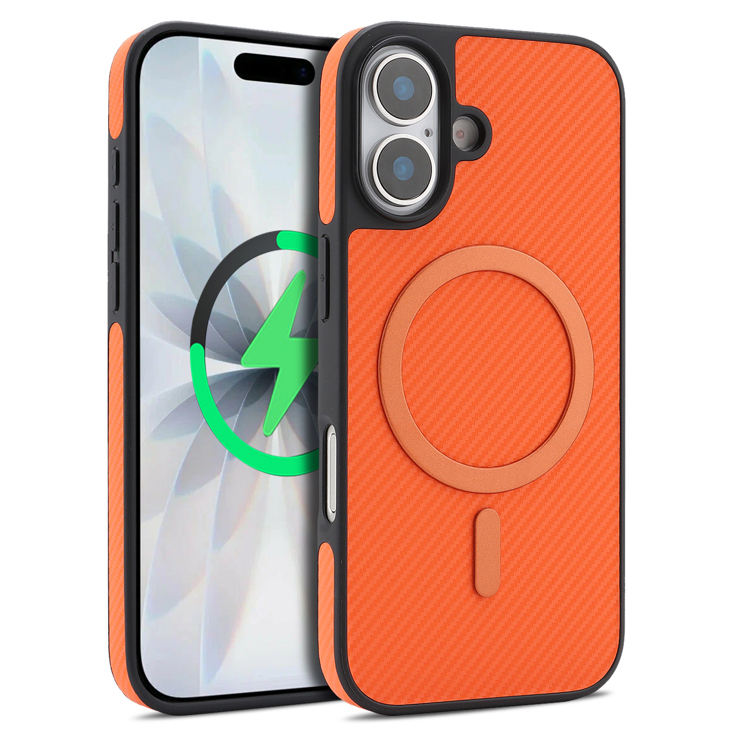 For iPhone 16 Case Carbon Fiber Texture PU Leather Coated TPU Cover Compatible with MagSafe - Orange