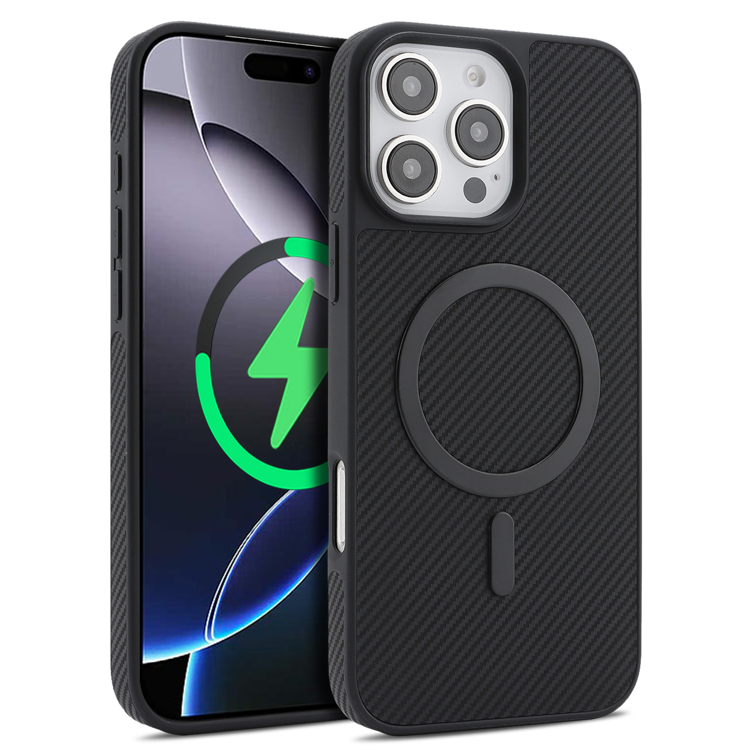 For iPhone 15 Pro Max Case Carbon Fiber Texture PU Leather Coated TPU Cover Compatible with MagSafe - Black