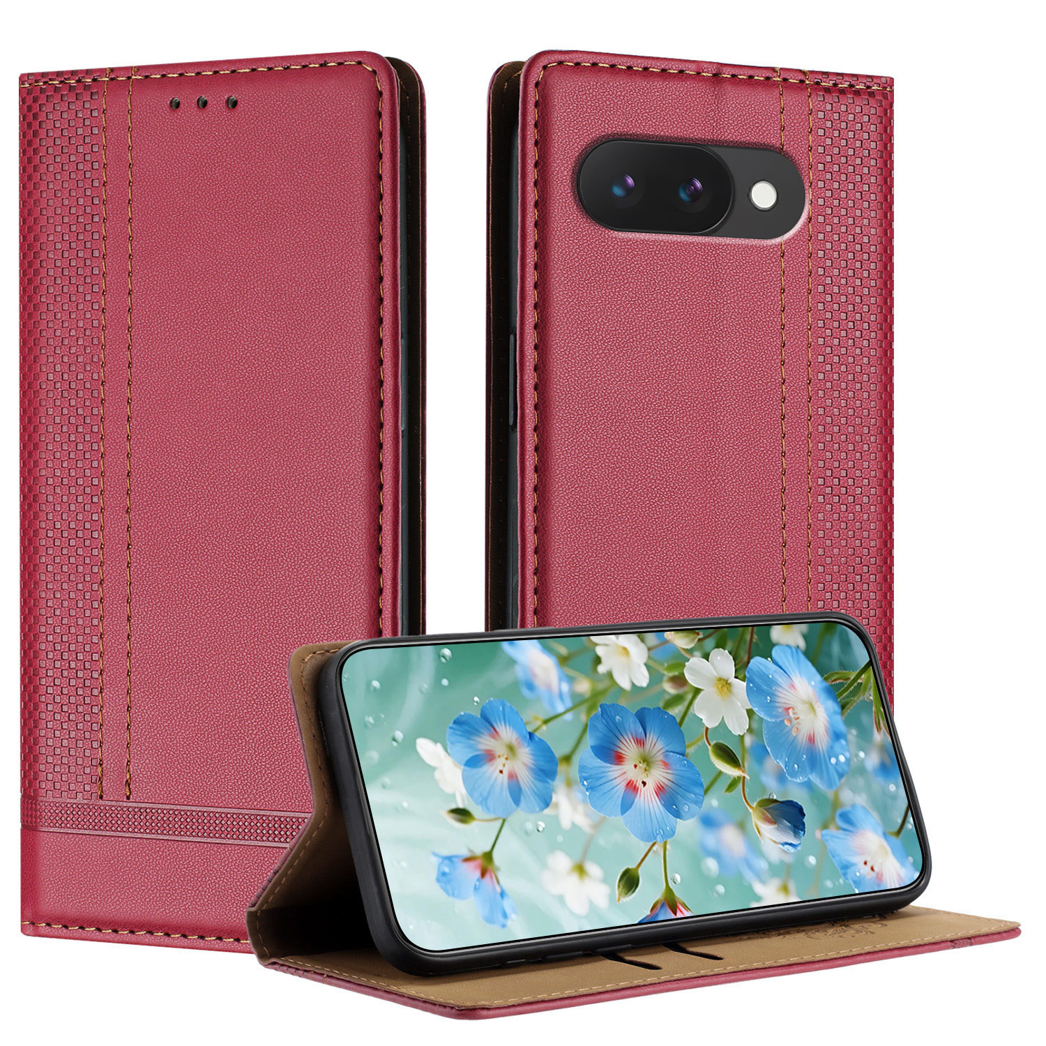 For Google Pixel 10a Case L-Shaped Grid Pattern Leather Stand Phone Cover with Card Slots - Red