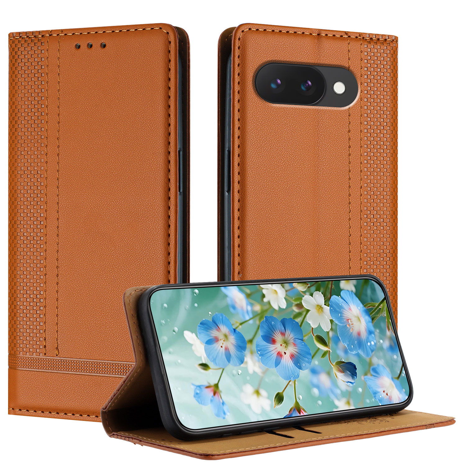 For Google Pixel 10a Case L-Shaped Grid Pattern Leather Stand Phone Cover with Card Slots - Brown