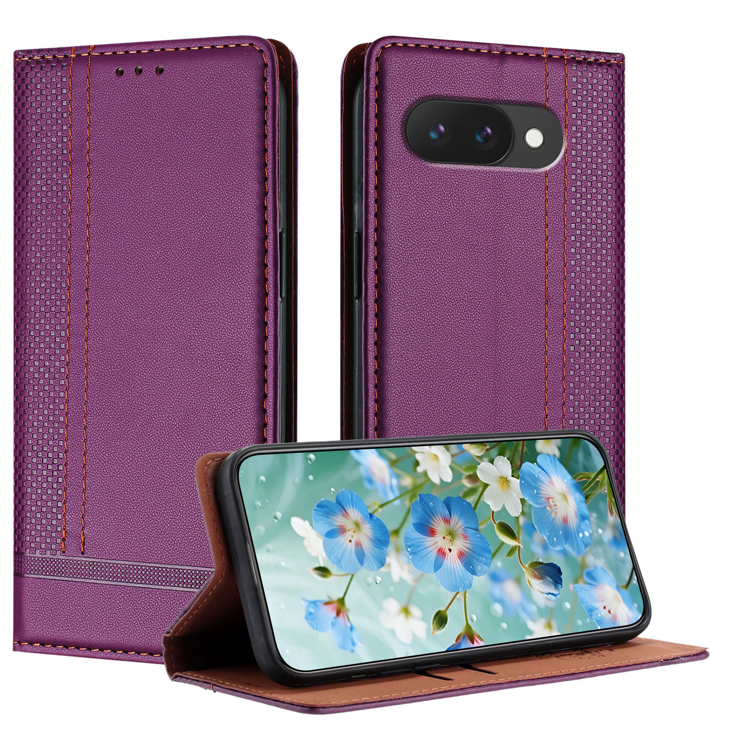 For Google Pixel 10a Case L-Shaped Grid Pattern Leather Stand Phone Cover with Card Slots - Purple