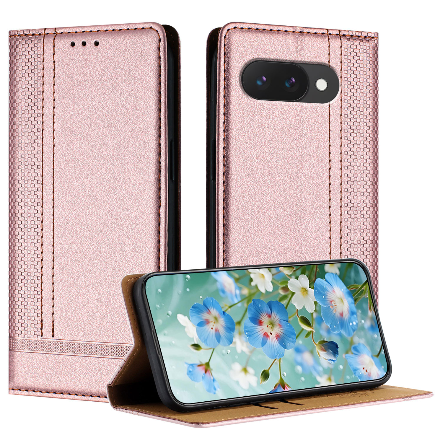 For Google Pixel 10a Case L-Shaped Grid Pattern Leather Stand Phone Cover with Card Slots - Rose Gold