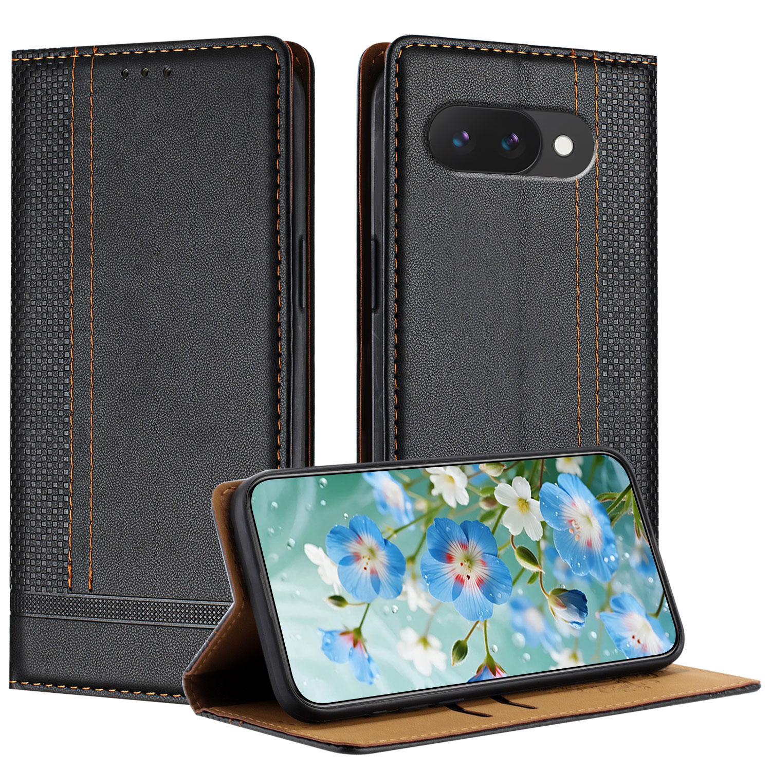 For Google Pixel 10a Case L-Shaped Grid Pattern Leather Stand Phone Cover with Card Slots - Black