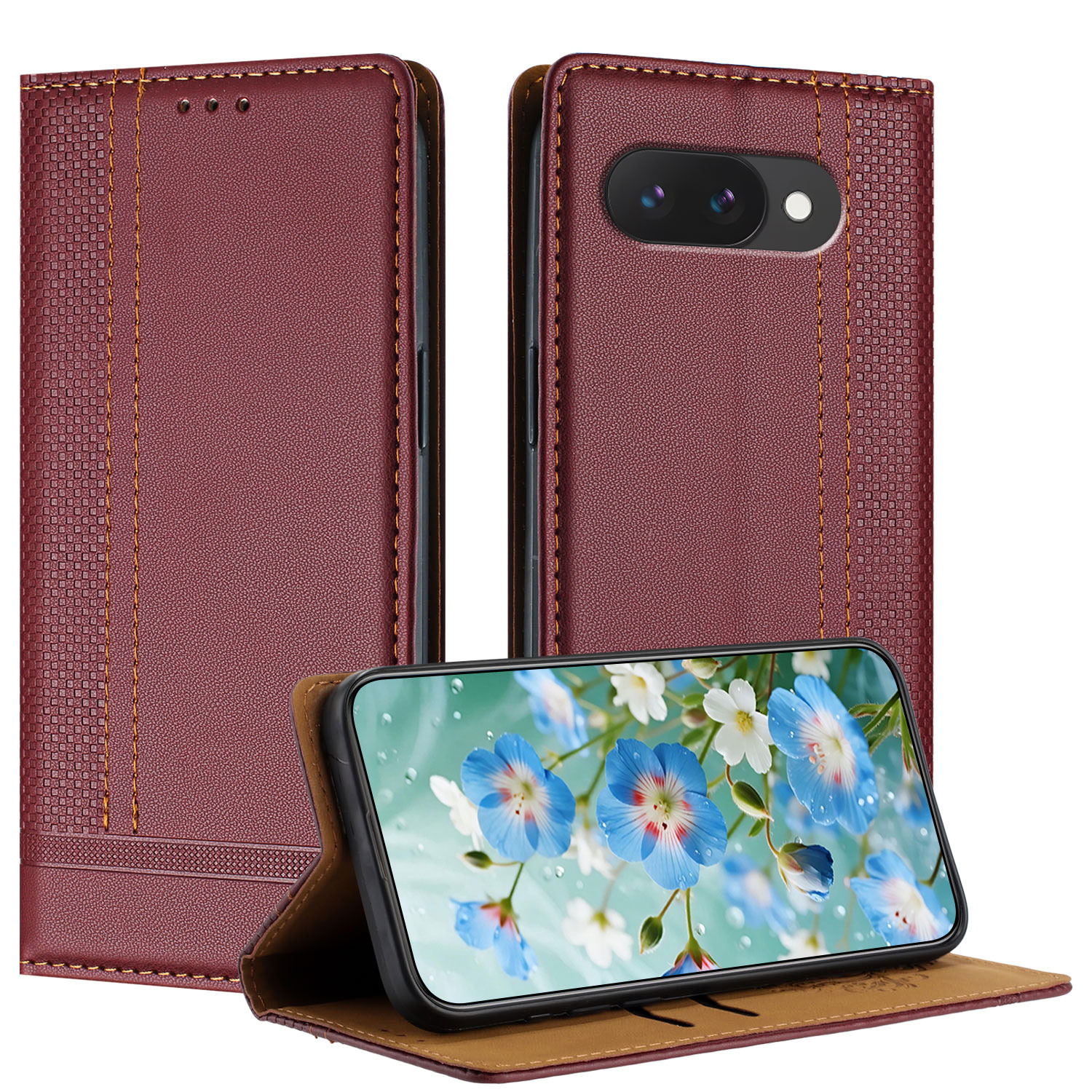 For Google Pixel 10a Case L-Shaped Grid Pattern Leather Stand Phone Cover with Card Slots - Wine Red