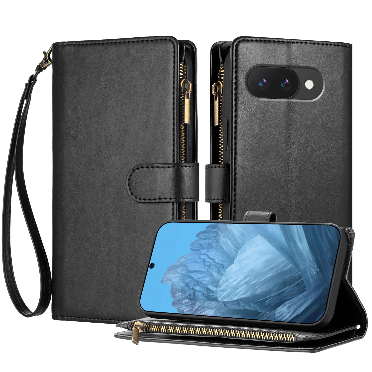 For Google Pixel 9a Leather Case Zipper Wallet Stand Shockproof Phone Cover with Wrist Strap - Black
