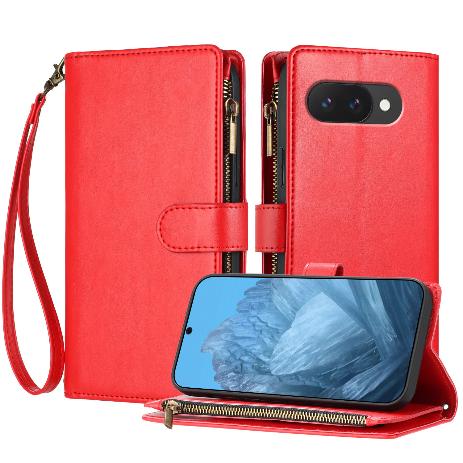 For Google Pixel 9a Leather Case Zipper Wallet Stand Shockproof Phone Cover with Wrist Strap - Red
