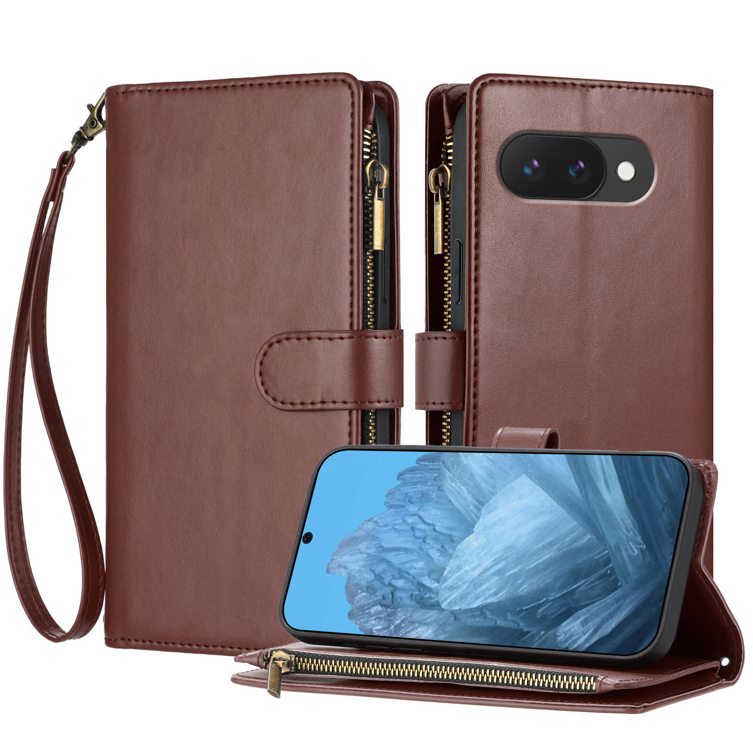 For Google Pixel 9a Leather Case Zipper Wallet Stand Shockproof Phone Cover with Wrist Strap - Brown