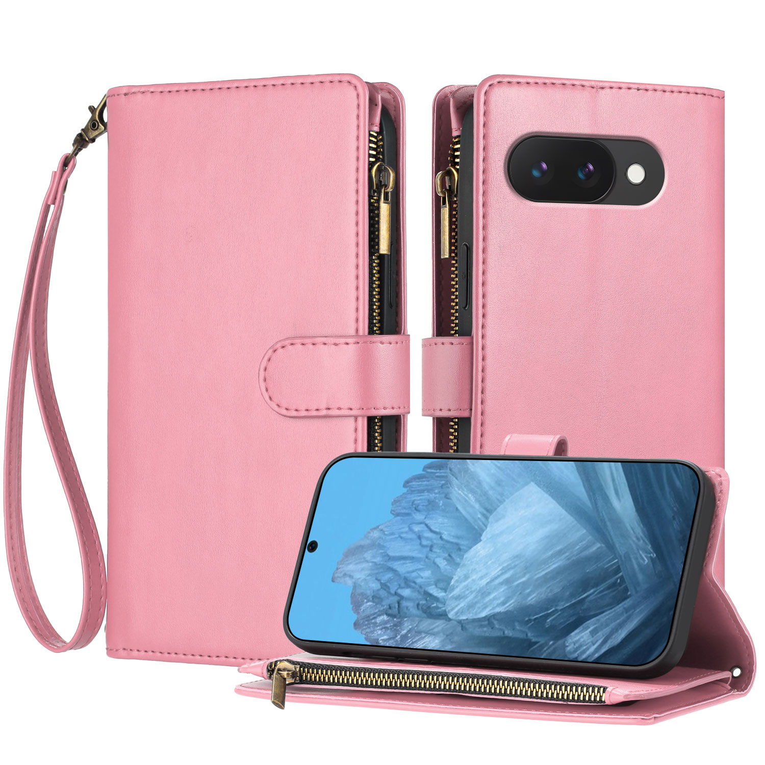 For Google Pixel 9a Leather Case Zipper Wallet Stand Shockproof Phone Cover with Wrist Strap - Pink