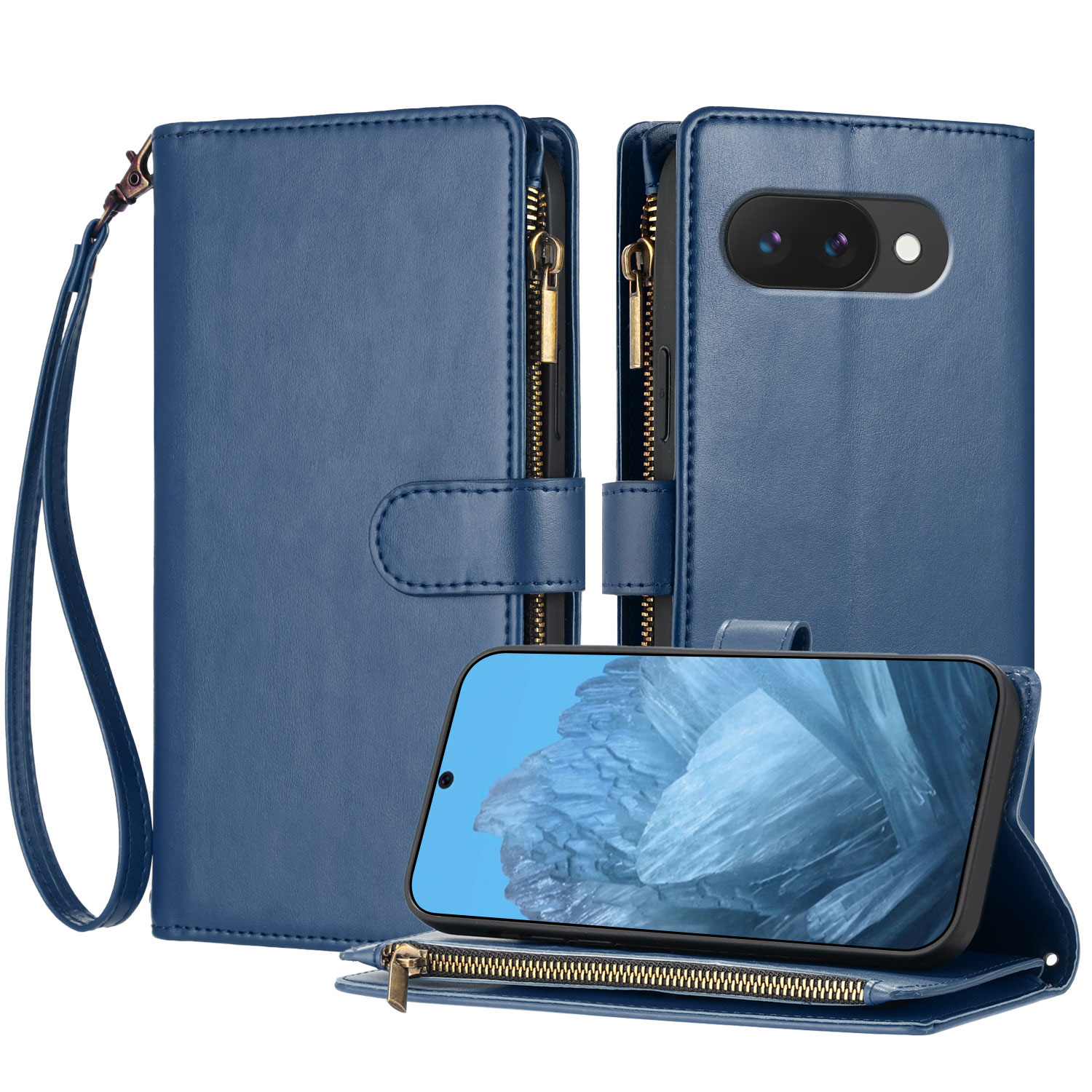 For Google Pixel 9a Leather Case Zipper Wallet Stand Shockproof Phone Cover with Wrist Strap - Blue