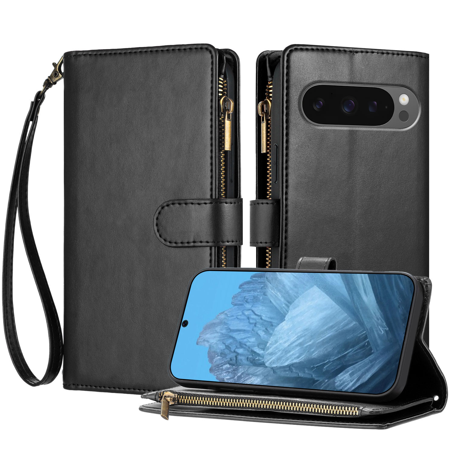 For Google Pixel 9 Pro XL / Google Pixel 10 Pro XL Leather Case Zipper Wallet Stand Shockproof Phone Cover with Wrist Strap - Black